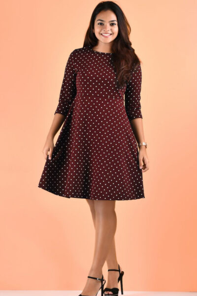 Maroon Polka Dot Flared Dress