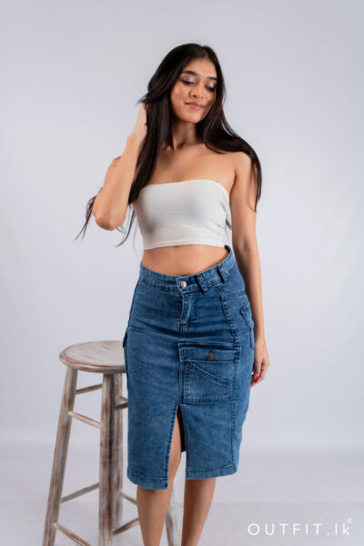 Front Slit Knee Length Pocket Denim Skirt